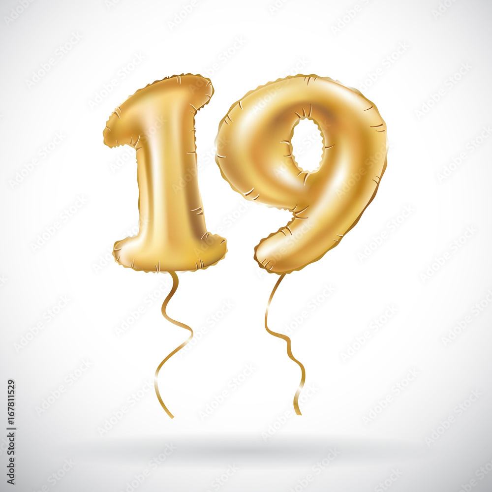 vector Golden number 19 nineteen metallic balloon. Party decoration golden balloons. Anniversary sign for happy holiday, celebration, birthday, carnival, new year. - obrazy, fototapety, plakaty 