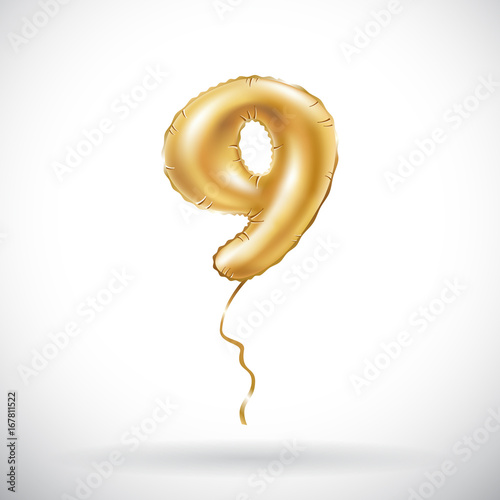 vector Golden number 9 nine metallic balloon. Party decoration golden balloons. Anniversary sign for happy holiday, celebration, birthday, carnival, new year.