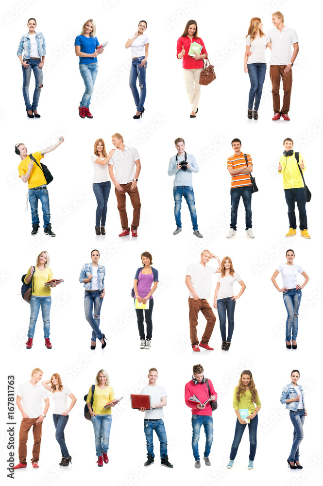 Group of happy students. Collection set isolated on a white backgound.