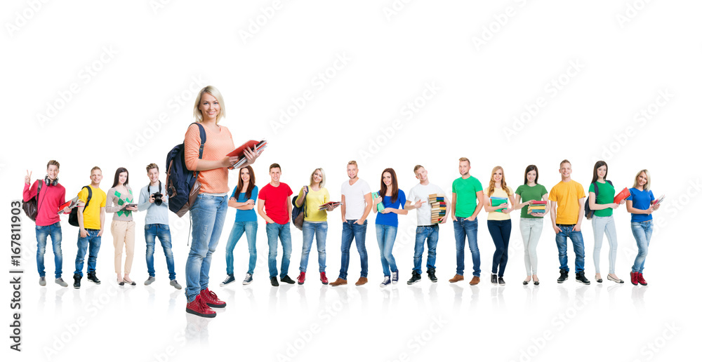 Large group of teenage students isolated on white background. Many different people standing together. School, education, college, university concept. Large group of teenage students isolated on white background. Many different people standing together. School, education, college, university concept.