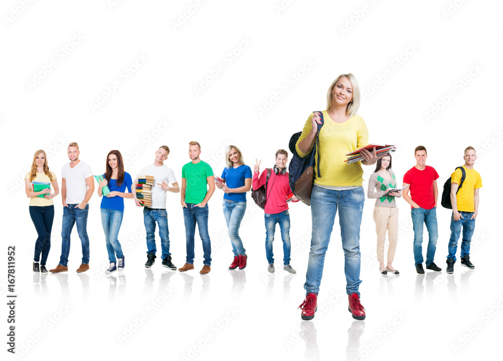 Obraz premium Large group of teenage students isolated on white background. Many different people standing together. School, education, college, university concept.