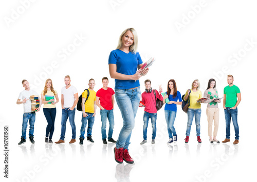Large group of teenage students isolated on white background. Many different people standing together. School  education  college  university concept.