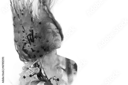 Double exposure portrait of girl with flowers in her hair