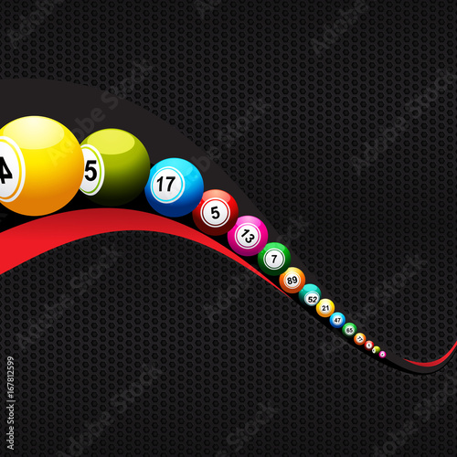 Bingo lottery balls over abstract wave on black honeycomb