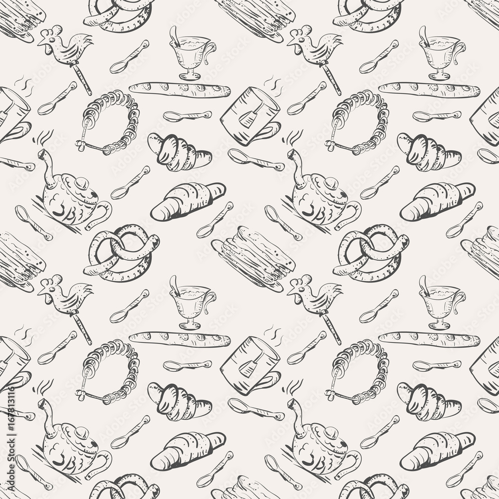 Fototapeta premium Vector seamless sketch of tea set and pastry and sweets