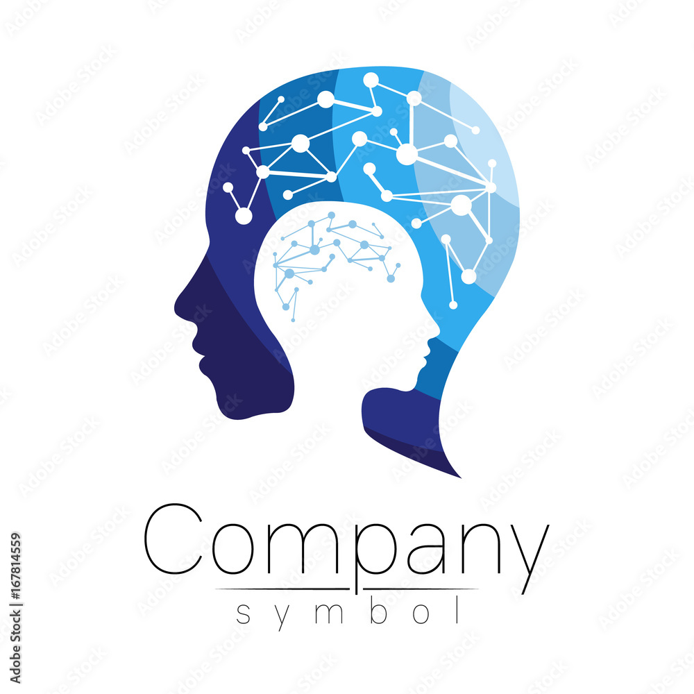 Vector symbol of human head. Profile face. Blue color isolated on white background. Concept sign for business, science, psychology, medicine. Creative sign design Man silhouette. Modern logo