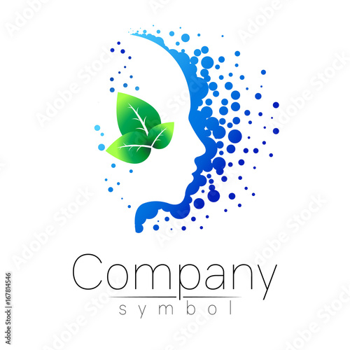 Vector symbol of human head and leaf. Profile face. Blue green color isolated on white background. Concept sign for business, science, psychology, medicine. Creative sign design Man silhouette. logo