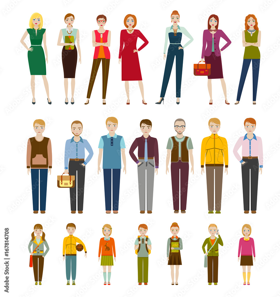 Cute cartoon characters. Men, women and kids. Vector illustration Cute cartoon characters. Men, women and kids. Vector illustration