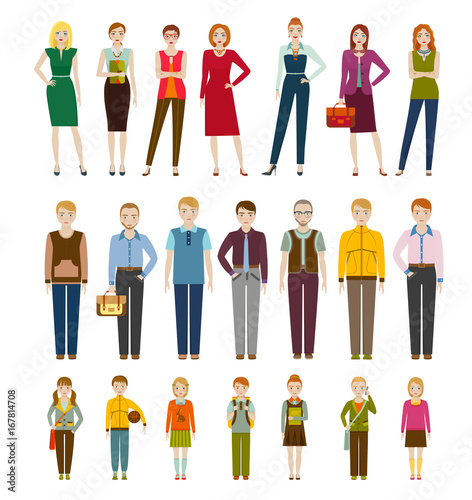 Cute cartoon characters. Men, women and kids. Vector illustration