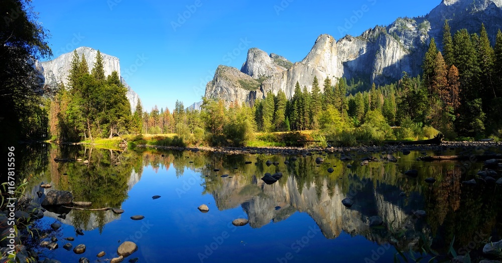 Panoramic Yosemite Valley view over the river with beautiful reflection, California, USA
