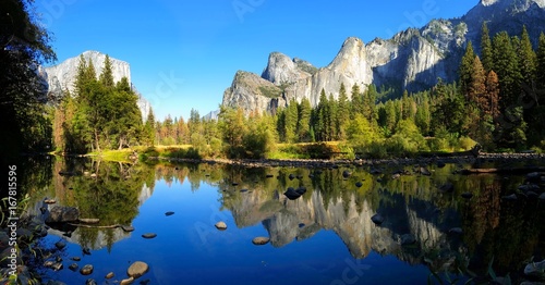 Panoramic Yosemite Valley view over the river with beautiful reflection, California, USA