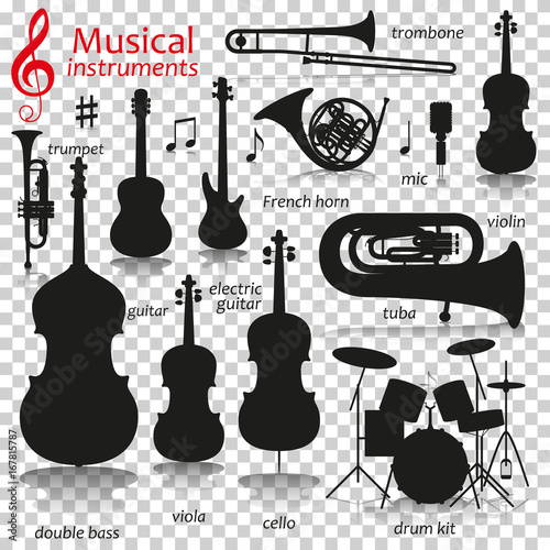 Music instruments. Silhouette icons with reflection on transparent background. Vector illustration.