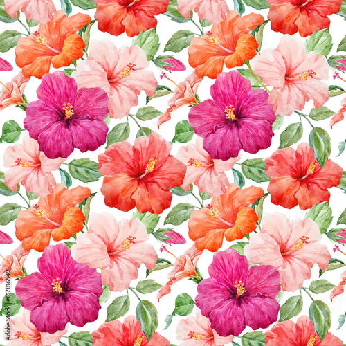 Watercolor tropical hibiscus pattern © zenina