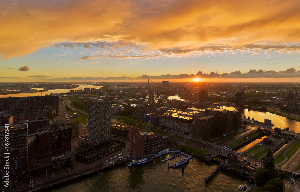 Sunset over Rotterdam harbor from the Euromast
