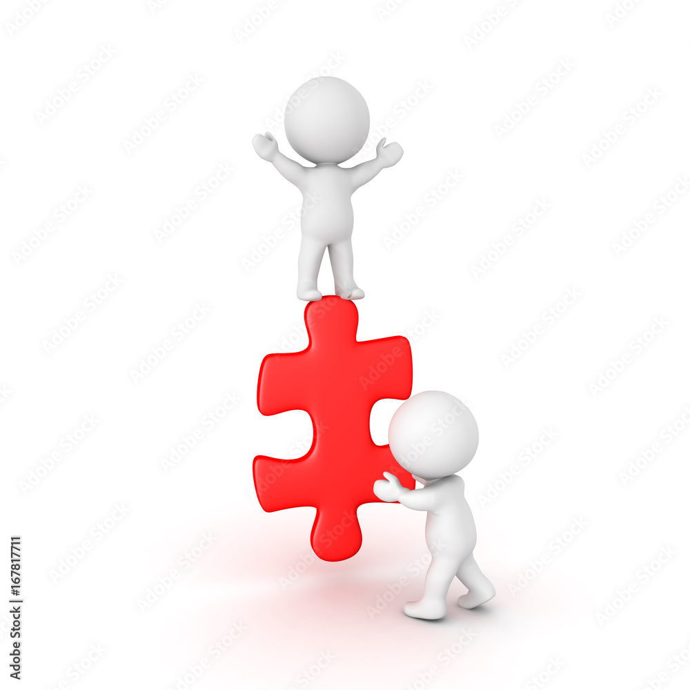 3D Character holding a red puzzle piece and one character on top 3D Character holding a red puzzle piece and one character on top