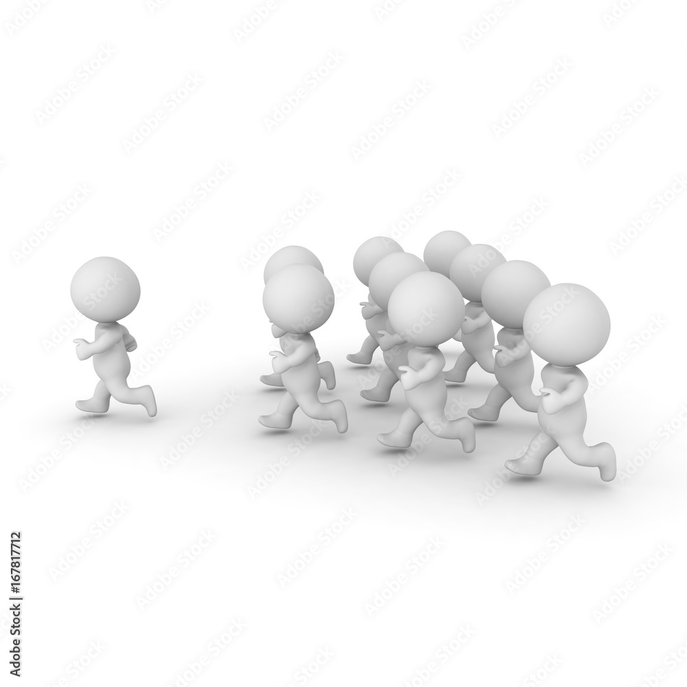 3D illustration of group running with one running ahead