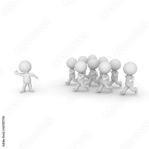 3D Character leading a group of people