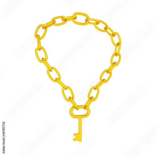 3D illustration of gold chain with key
