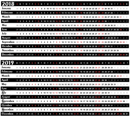 Calendar for year 2018 - 2019. 