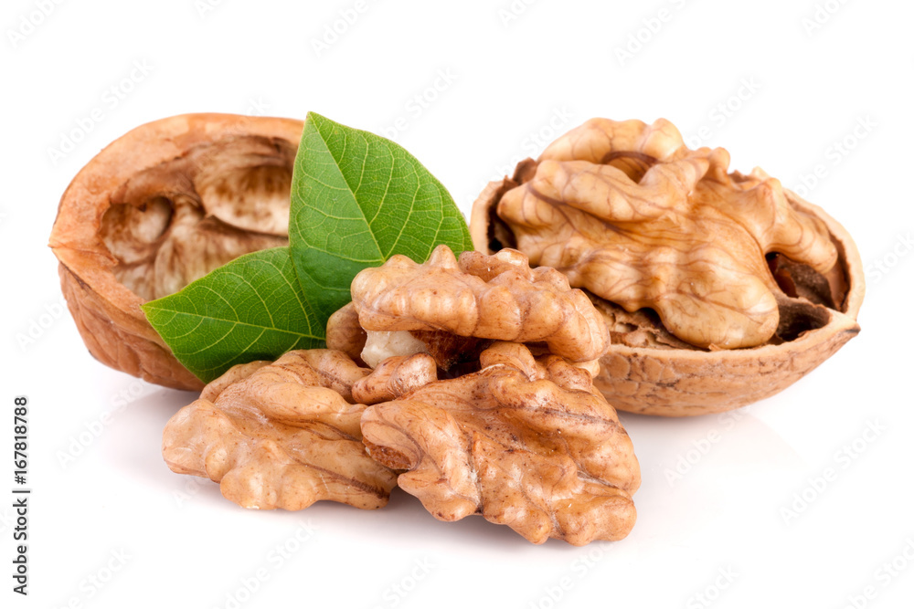 Walnuts with leaf isolated on white background Walnuts with leaf isolated on white background