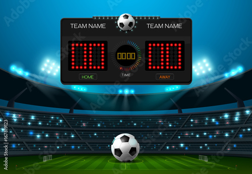 soccer football field with scoreboard and spotlight