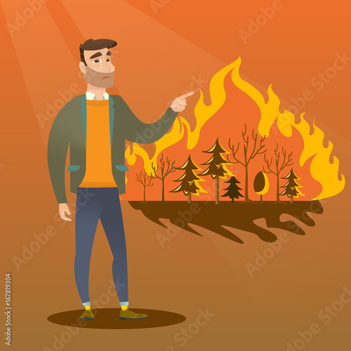 Young caucasian man pointing at forest in fire. Frustrated man standing on the background of a big forest fire. Concept of environmental destruction. Vector flat design illustration. Square layout.