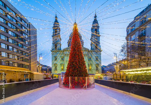 Christmas Market at Saint Stephen Basilica square in Budapest, Hungary