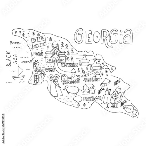 Unique hand drawn cartoon map of Georgia. Vector illustration
