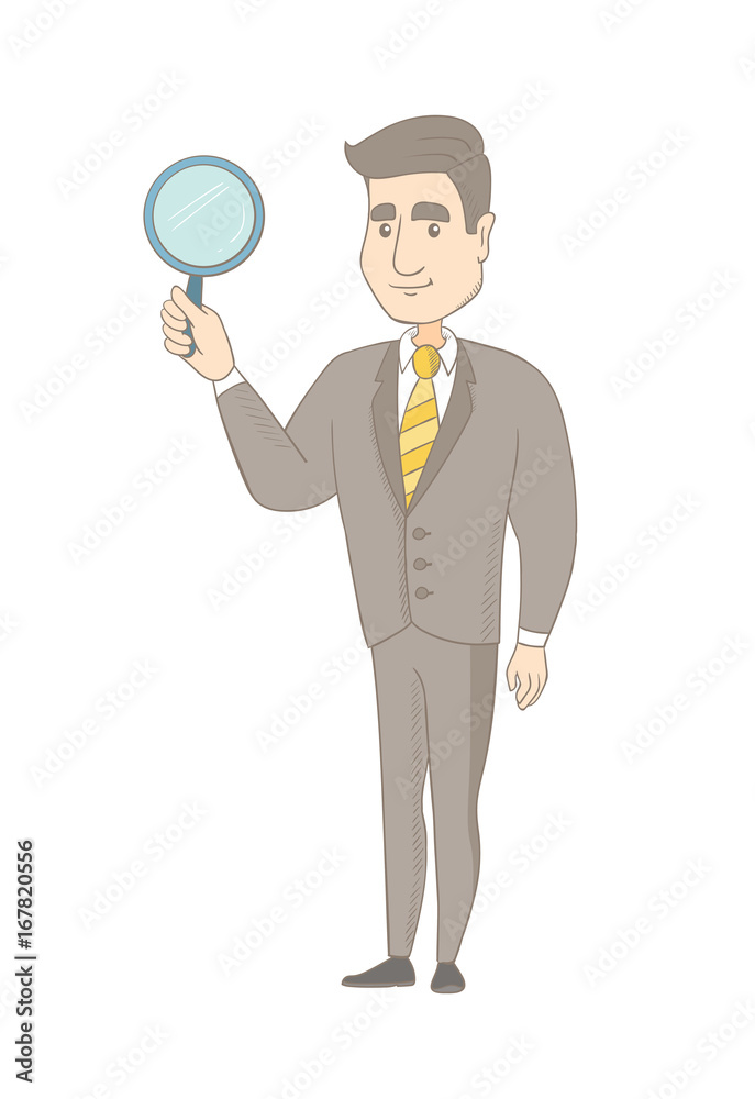 Young caucasian happy businessman holding a magnifying glass. Smiling businessman with a magnifier. Concept of web search engine. Vector sketch cartoon illustration isolated on white background. Young caucasian happy businessman holding a magnifying glass. Smiling businessman with a magnifier. Concept of web search engine. Vector sketch cartoon illustration isolated on white background.