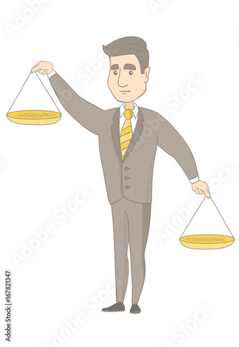 Caucasian businessman holding balance scale. Young businessman with balance scale in hands trying to make a right decision in business. Vector sketch cartoon illustration isolated on white background.
