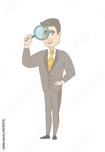 Young caucasian businessman using a magnifying glass for search. Businessman looking through a magnifying glass. Concept of search. Vector sketch cartoon illustration isolated on white background.