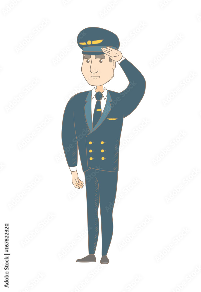 Caucasian airplane pilot in uniform gives salute. Young airplane pilot saluting. Pilot with a serious facial expression saluting. Vector sketch cartoon illustration isolated on white background.