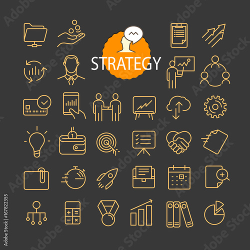 Different business strategy icons vector collection. Web and mobile app outline icons set on dark background