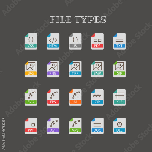 Different file types thin line color icons vector set