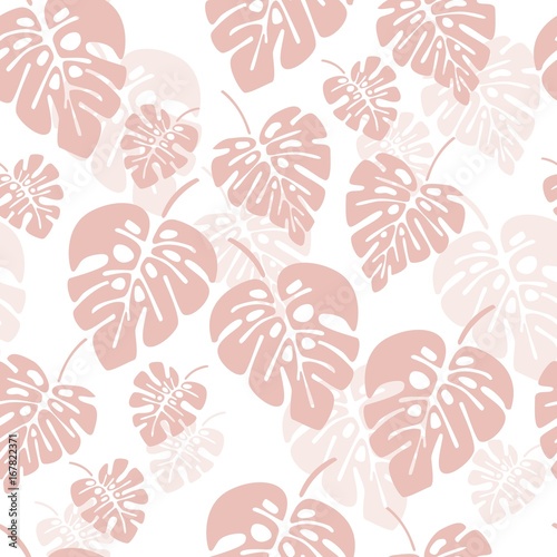 Summer seamless pattern with pink monstera palm leaves on white background