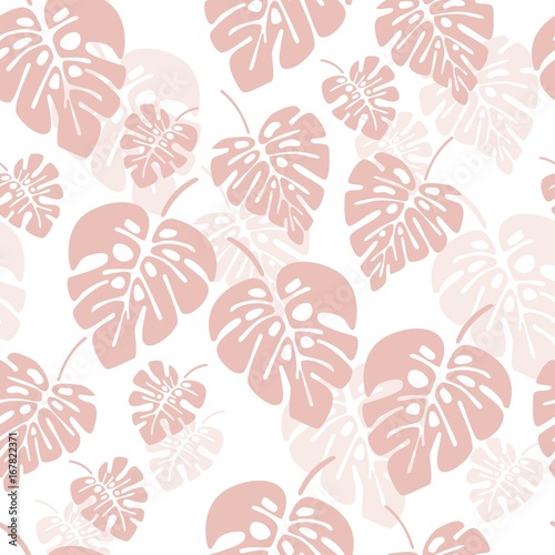 Summer seamless pattern with pink monstera palm leaves on white background