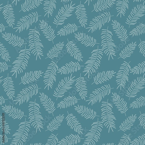 Seamless pattern with white tropical leaves on blue background