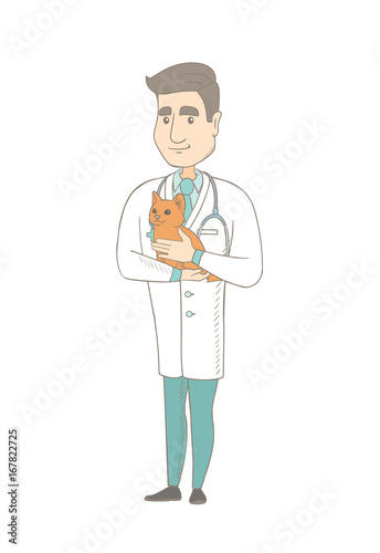 Caucasian veterinarian doctor holding cat. Young veterinarian doctor carrying cat. Veterinarian doctor examining cat. Pet care concept. Vector sketch cartoon illustration isolated on white background.