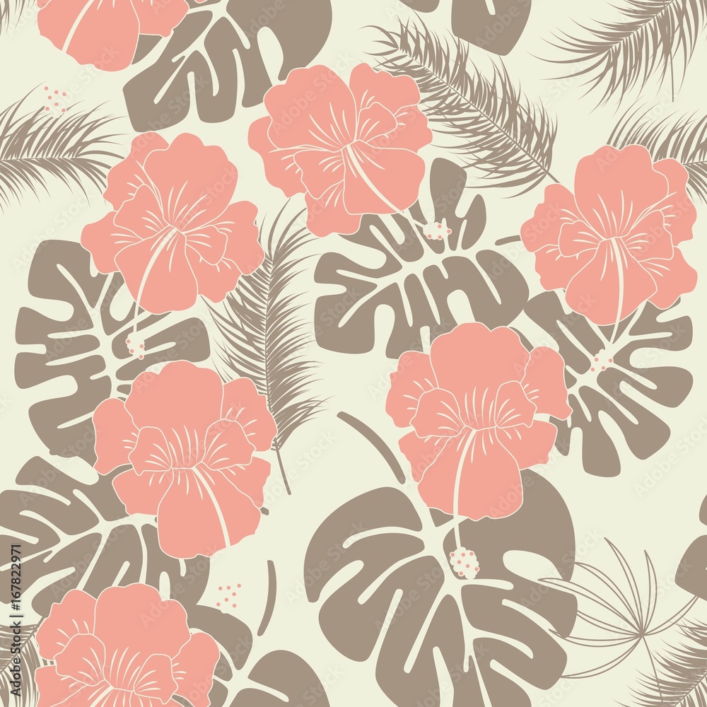 Fototapeta Seamless tropical pattern with monstera leaves and flowers on vanilla background