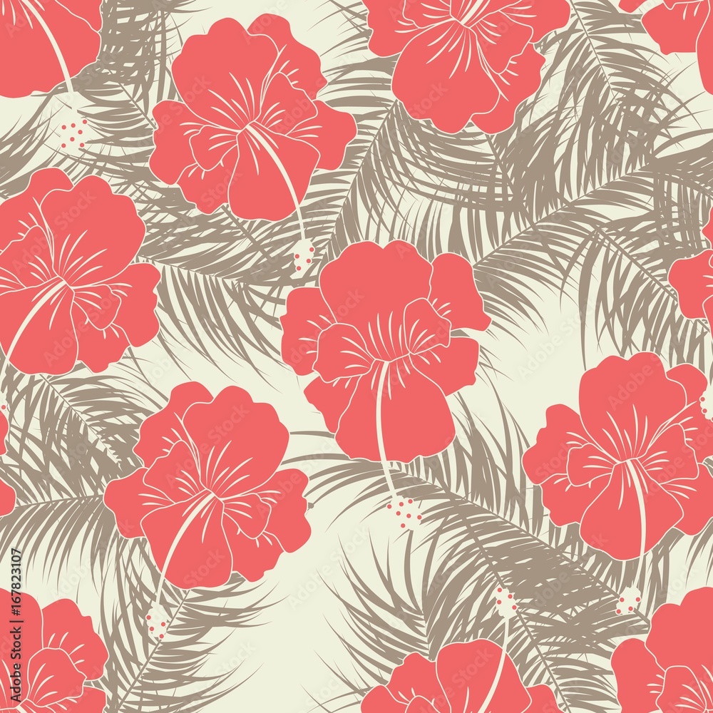 Seamless tropical pattern with brown leaves nad red flowers on vanilla background