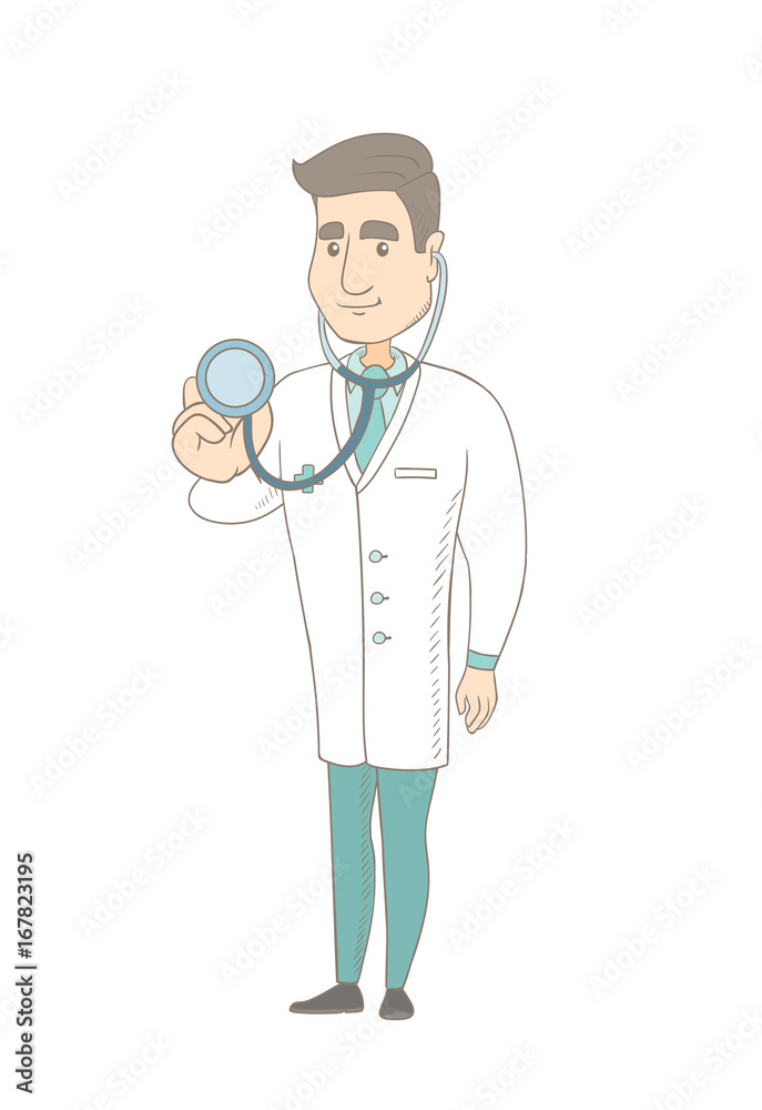 Young caucasian doctor with a stethoscope in hand. Smiling doctor holding a  stethoscope. Cheerful doctor showing a stethoscope. Vector sketch cartoon  illustration isolated on white background. Stock Vector | Adobe Stock