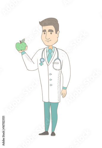 Caucasian nutritionist prescribing diet and healthy eating. Young smiling nutritionist holding an apple. Nutritionist offering an apple. Vector sketch cartoon illustration isolated on white background