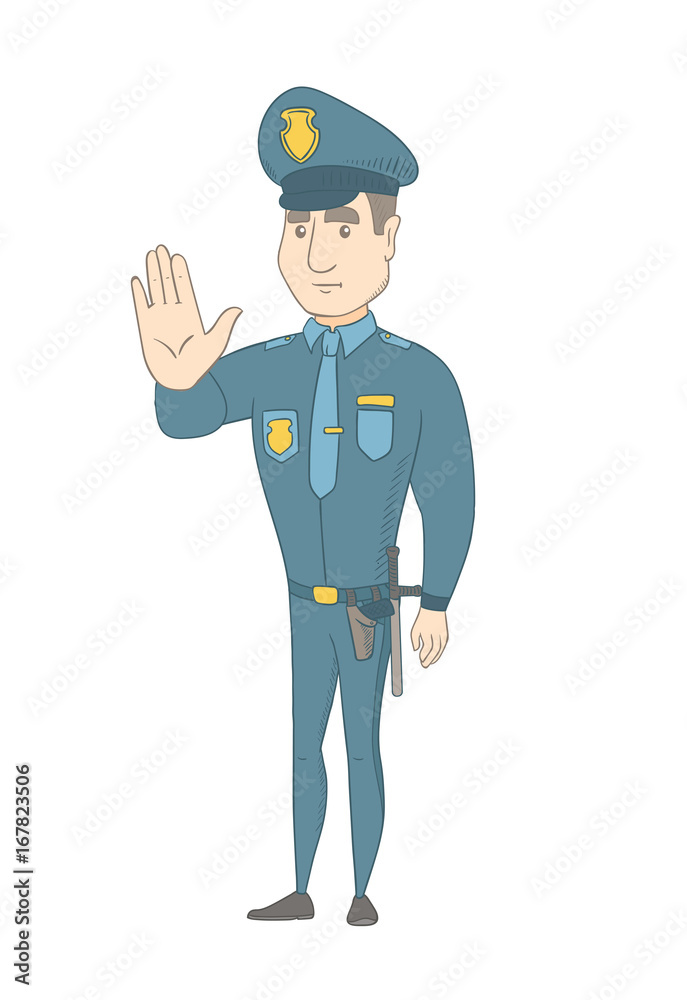 Caucasian traffic policeman showing stop hand gesture