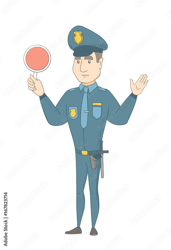 Caucasian traffic holding a traffic sign and showing stop hand gesture. Young traffic policeman directing cars with a signal paddle. Vector sketch cartoon illustration isolated on white background. Caucasian traffic holding a traffic sign and showing stop hand gesture. Young traffic policeman directing cars with a signal paddle. Vector sketch cartoon illustration isolated on white background.