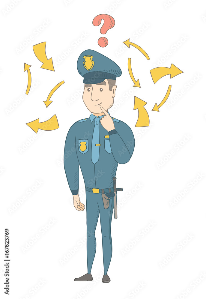Caucasian policeman thinking about the investigation of a crime. Full length of young policeman thinking about the version of the crime. Vector sketch cartoon illustration isolated on white background