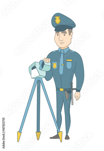 Caucasian police officer controlling driving speed with a radar. Young police officer with a radar for traffic speed control. Vector sketch cartoon illustration isolated on white background.