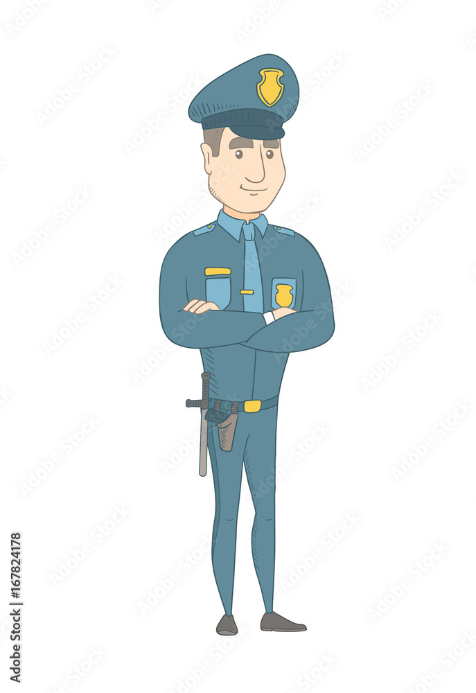 Caucasian confident smiling policeman in uniform standing with folded arms. Full length of young confident policeman with folded arms. Vector sketch cartoon illustration isolated on white background.