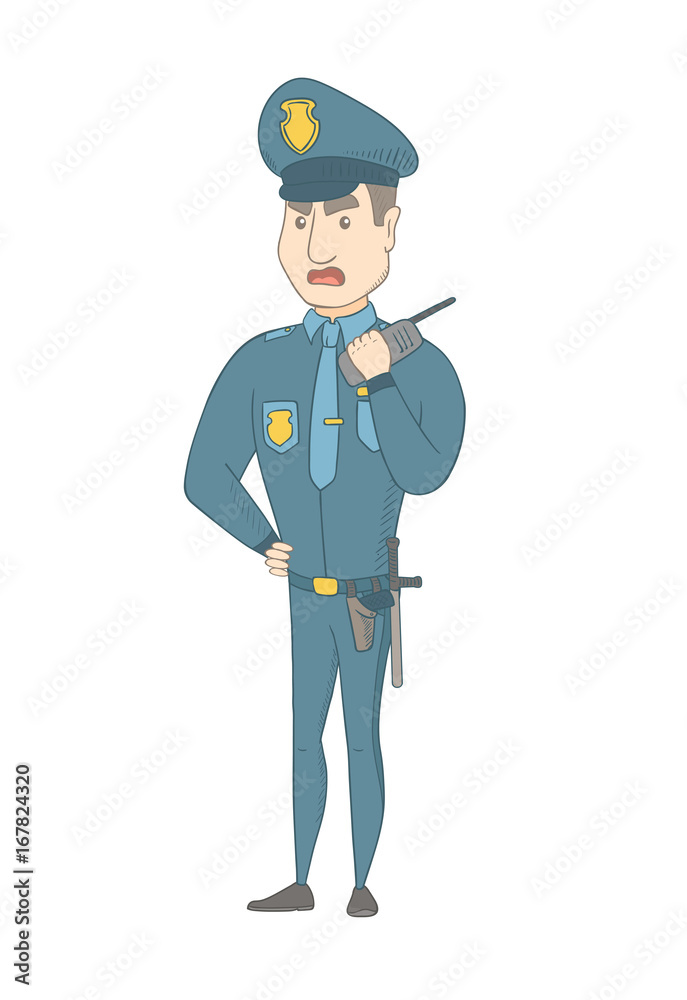 Caucasian security guard talking on walkie-talkie radio. Young security guard holding walkie-talkie radio. Security guard using a radio. Vector sketch cartoon illustration isolated on white background