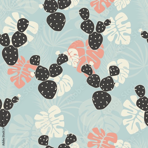 Seamless tropical pattern with monstera palm leaves and cactus on pink background