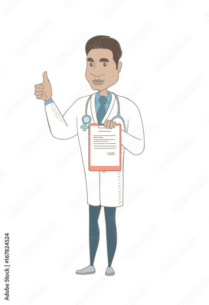 Hispanic doctor in medical gown holding clipboard and giving thumb up. Full length of young doctor showing clipboard. Vector sketch cartoon illustration isolated on white background. Hispanic doctor in medical gown holding clipboard and giving thumb up. Full length of young doctor showing clipboard. Vector sketch cartoon illustration isolated on white background.